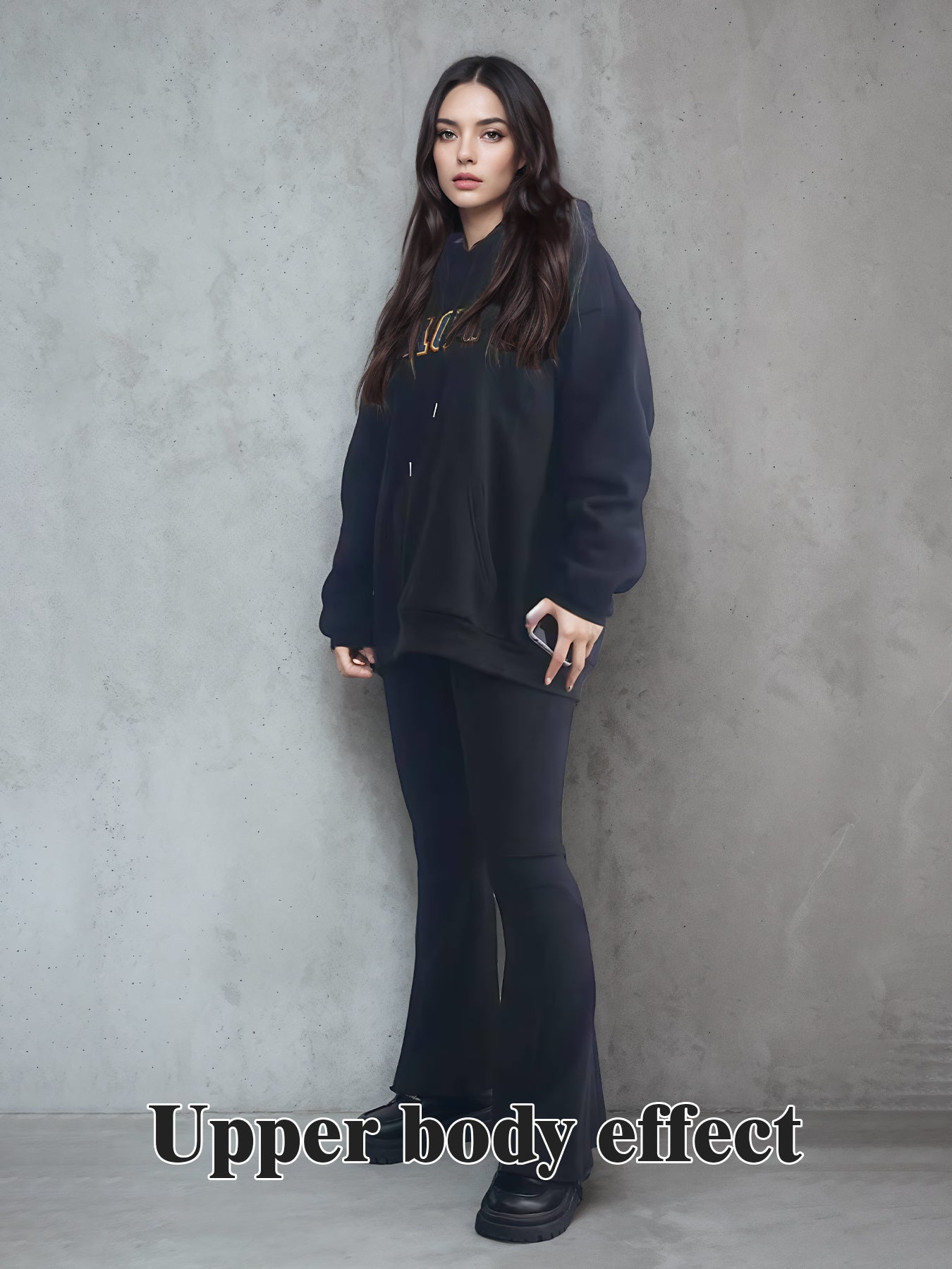 Black long-sleeve hoodie with hood and drawstrings, logo print on chest, kangaroo pocket