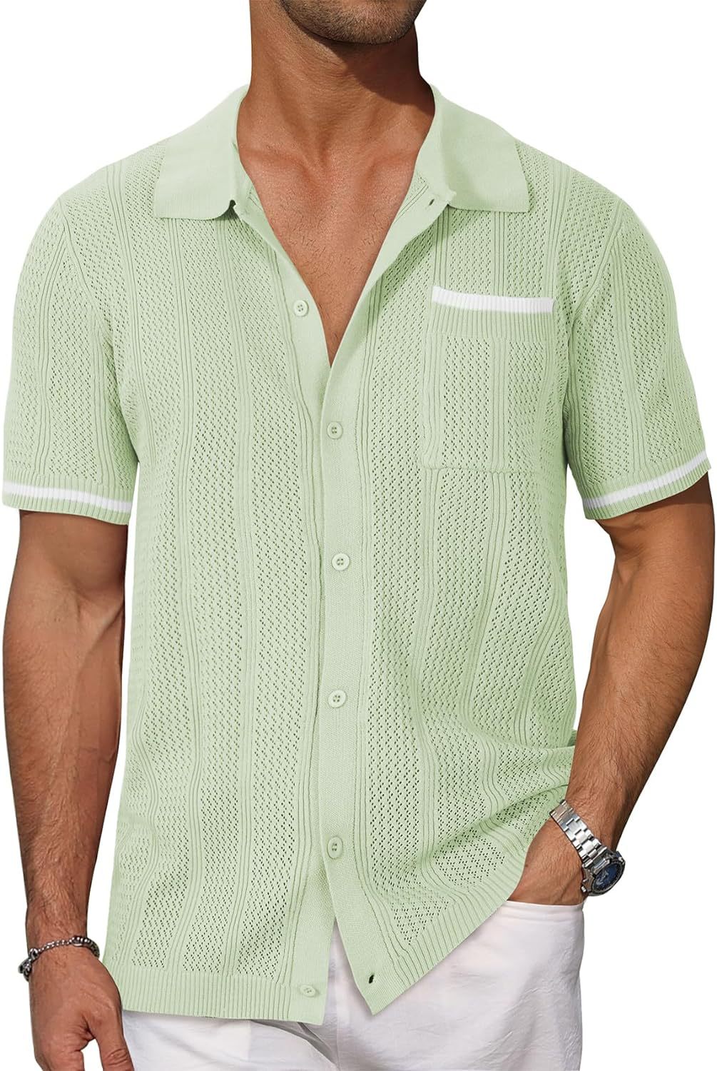 Men’s short-sleeve knit shirt, light green, button-front with chest pocket and white contrast trim.