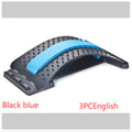 Lumbar traction therapy back brace with blue ribbed pad and black dotted support arch