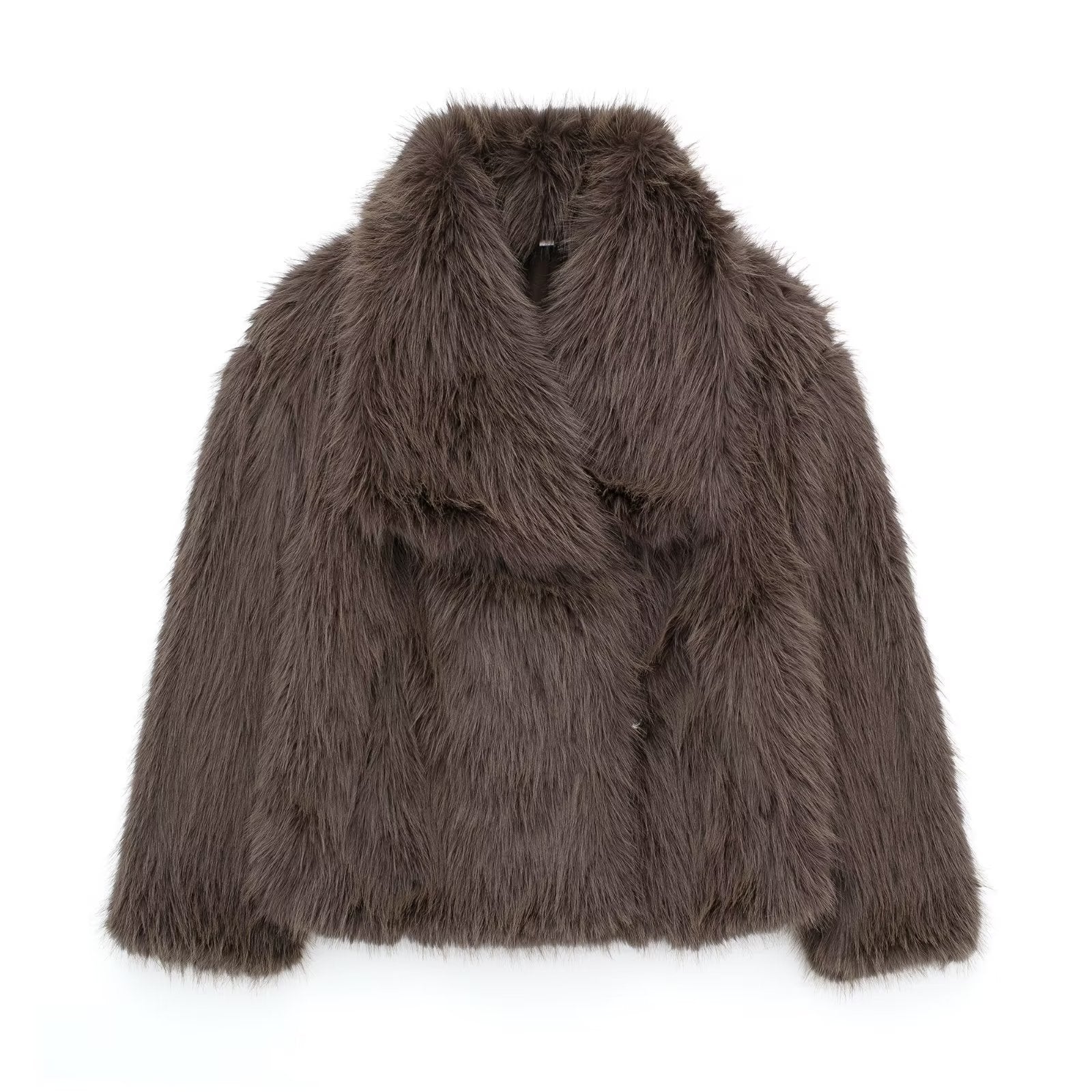 Dark gray plush faux-fur coat with notched lapels and long sleeves