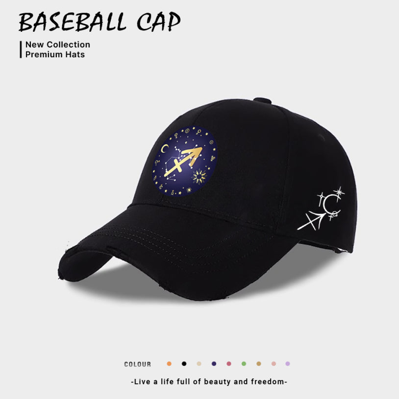 Black baseball cap with starry yellow emblem and white side graphic