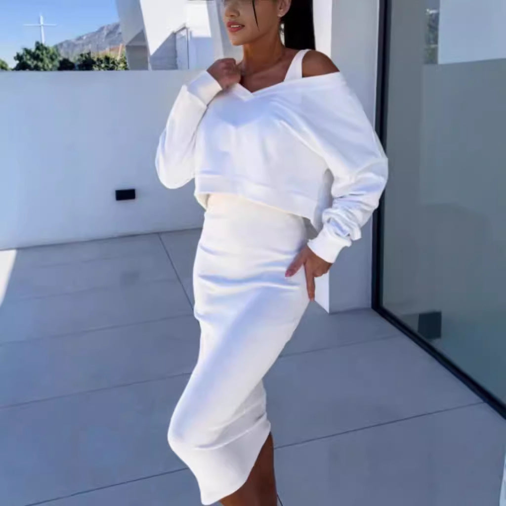 Two-piece midi dress set in white, long-sleeve V-neck pullover and fitted sleeveless dress