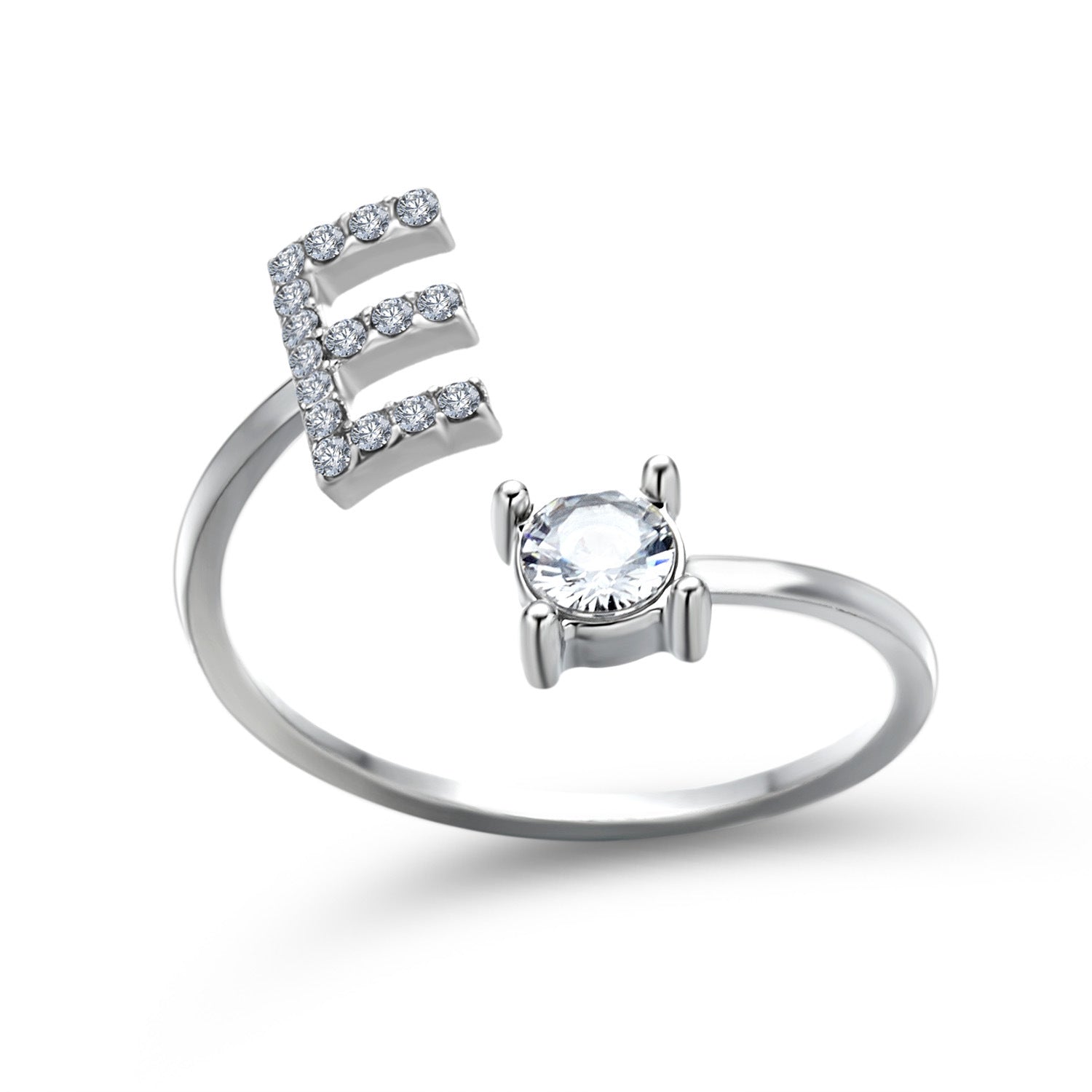 Silver adjustable initial letter ring with pave letter detail and oval center stone.