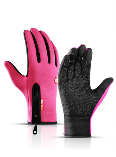 Pair of winter riding gloves, rose red and black, textured palms, zipped wrist cuff