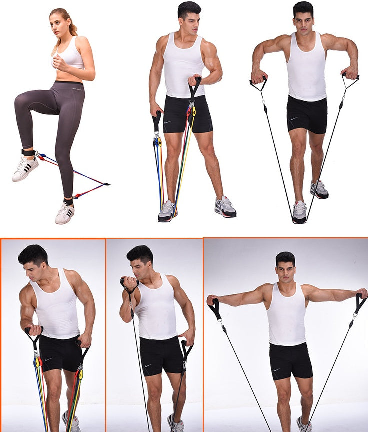 Portable fitness rally resistance band set showing full-body workout positions with ankle straps