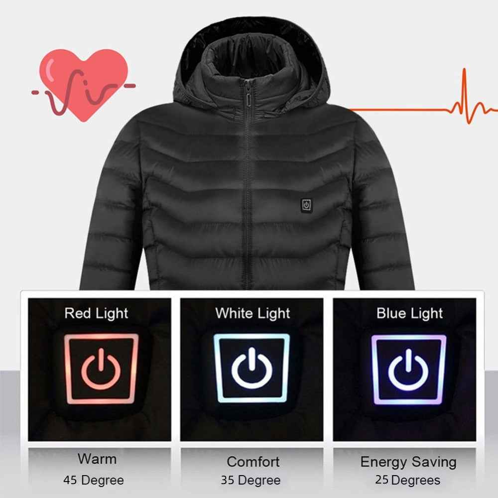 Black hooded zip-up puffer heated jacket with front zipper and small logo badge.