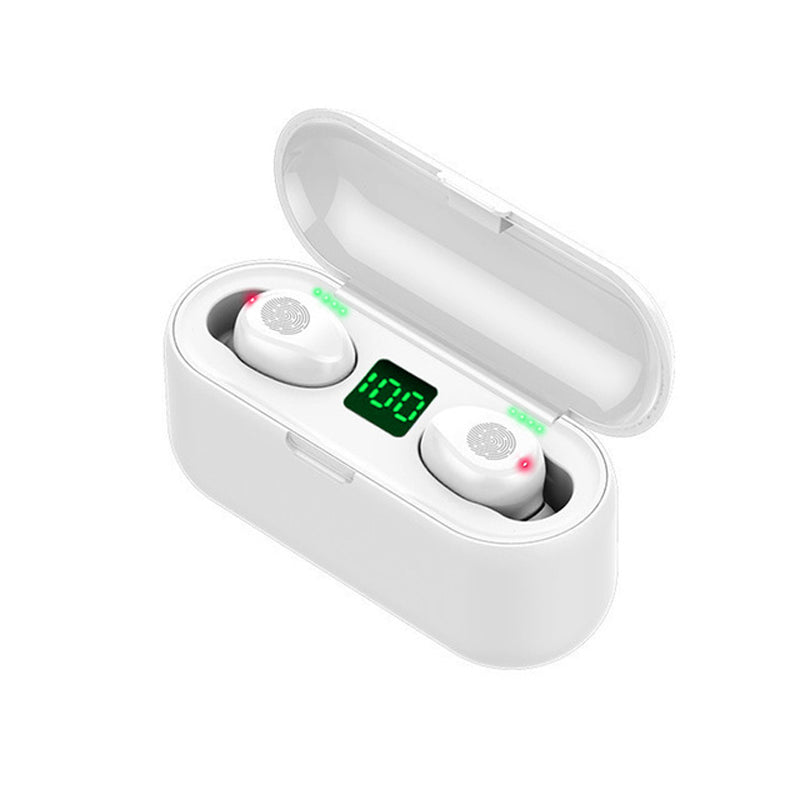 White wireless earbuds in open charging case, green LED meter and red/green indicators