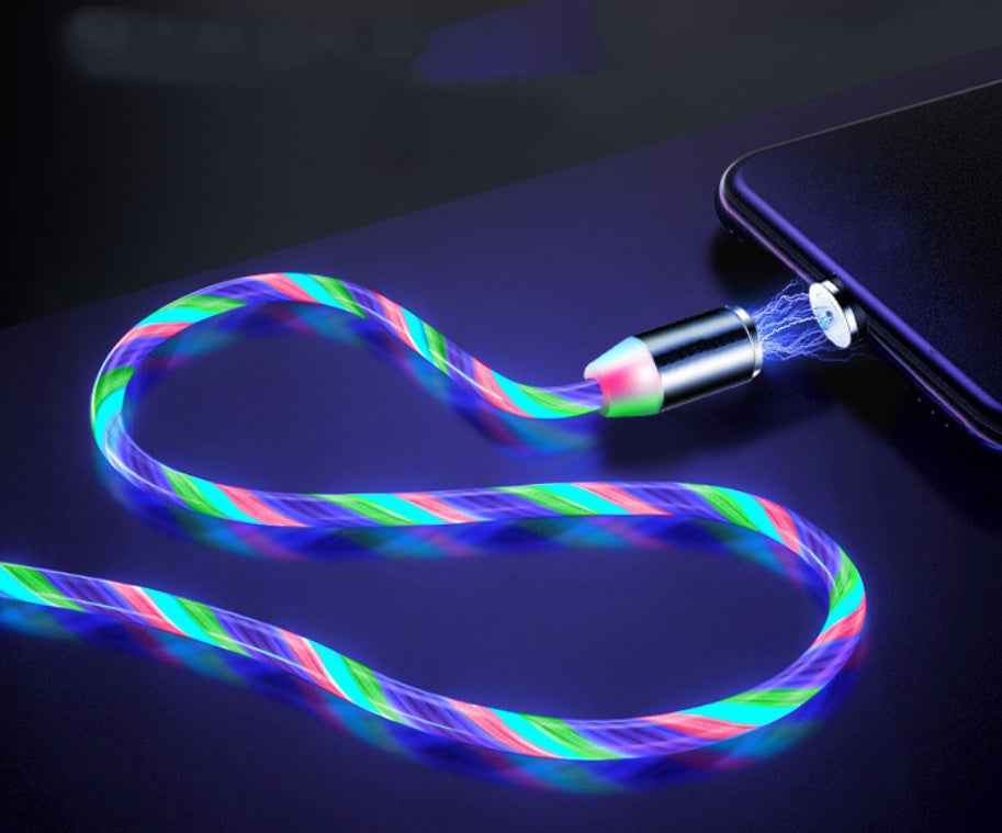 Multicolor braided magnetic data cable with glowing light stream connected to a phone