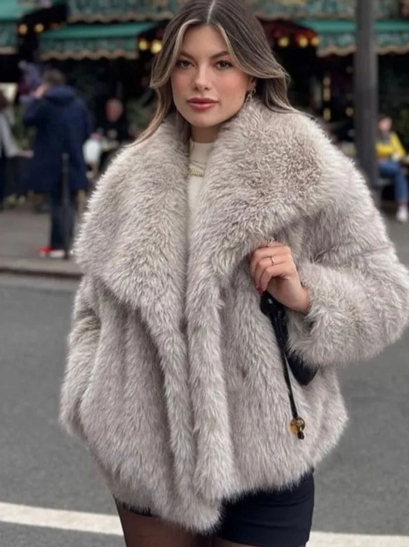 Light gray faux-fur coat with notched lapels and long sleeves