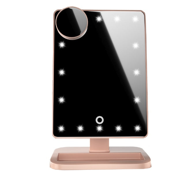 Touch-screen makeup mirror with stand, black glass, rose gold frame and base