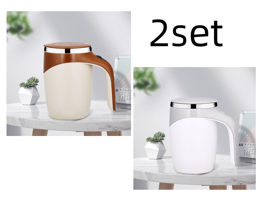 Rechargeable electric stirring cups: warm brown and white, each with handle and lid