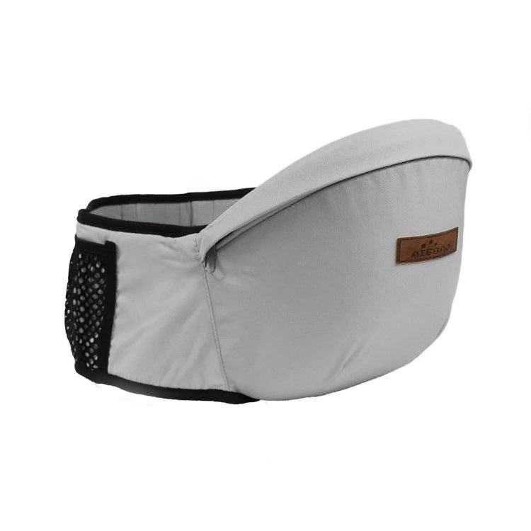 Grey baby sitting stool with black side mesh panel and tan logo patch