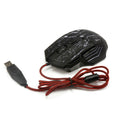 Gaming mouse with black splatter design, RGB lights, and red braided USB cable