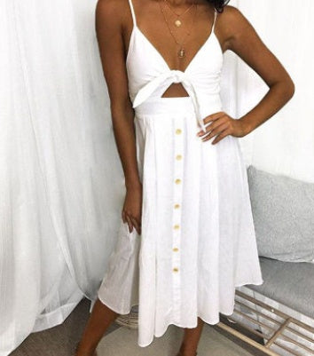 White sleeveless midi dress with cutout waist and button front