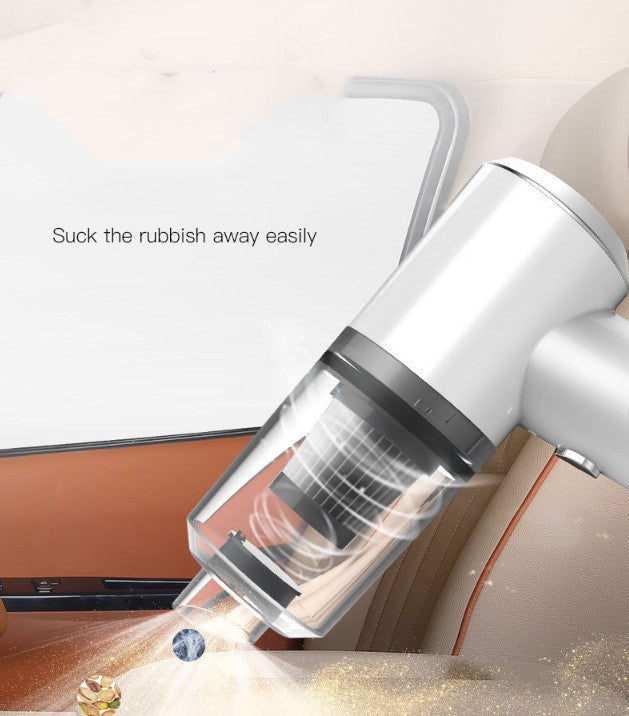 Wireless car vacuum cleaner with clear dust bin and white nozzle cleaning car floor.