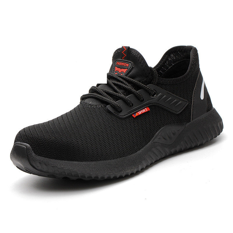 Black lace-up safety shoe with white side stripe and thick treaded outsole