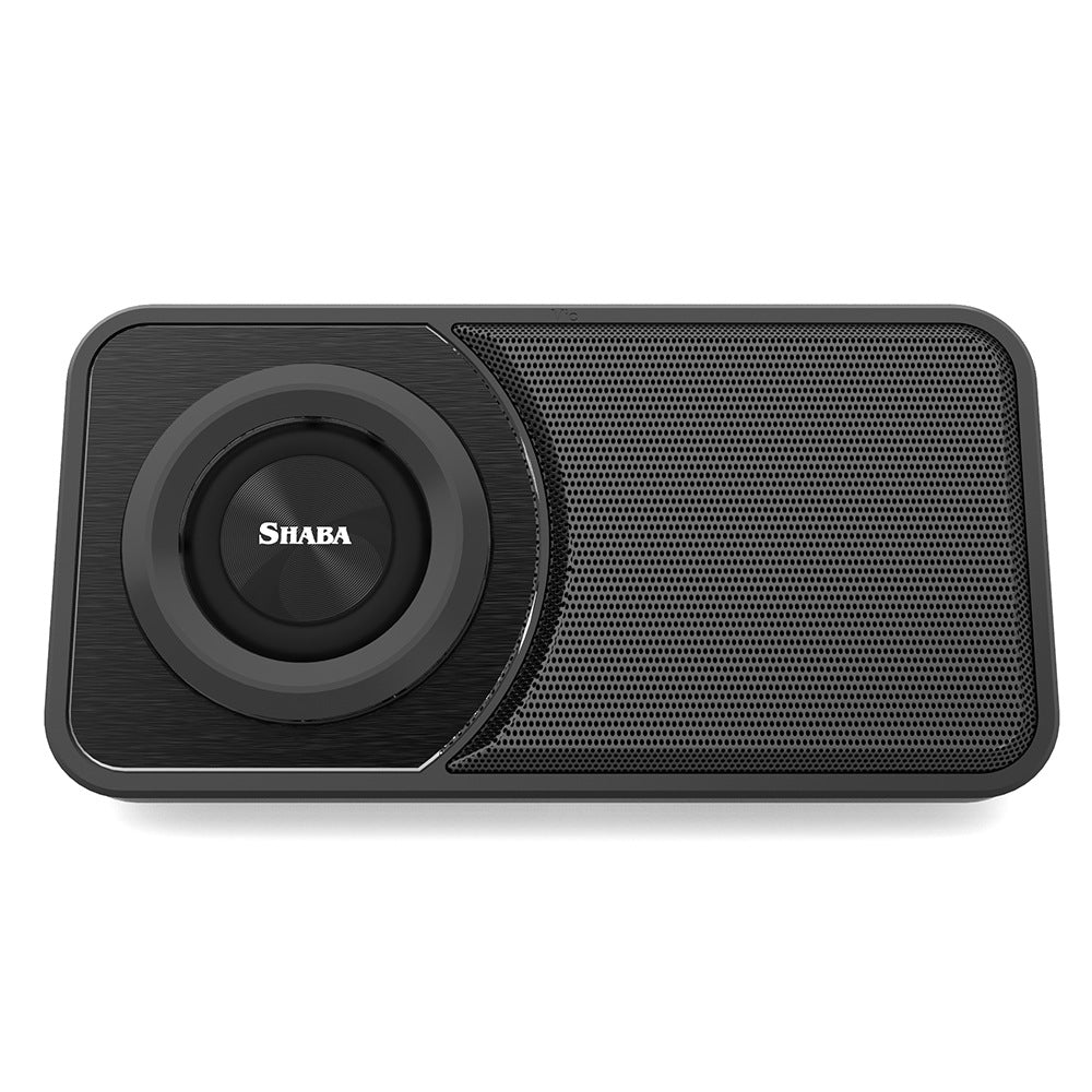 Mini portable Bluetooth speaker, black with round woofer ring and perforated mesh grille
