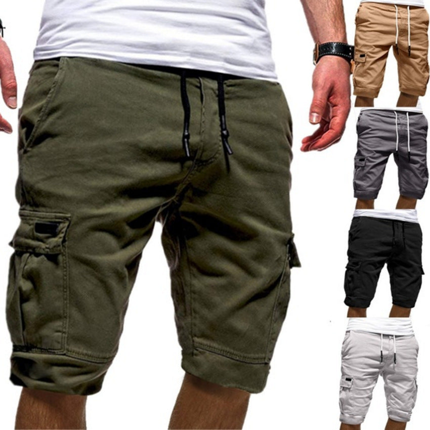 Dark green cargo shorts with drawstring waist and side utility pockets
