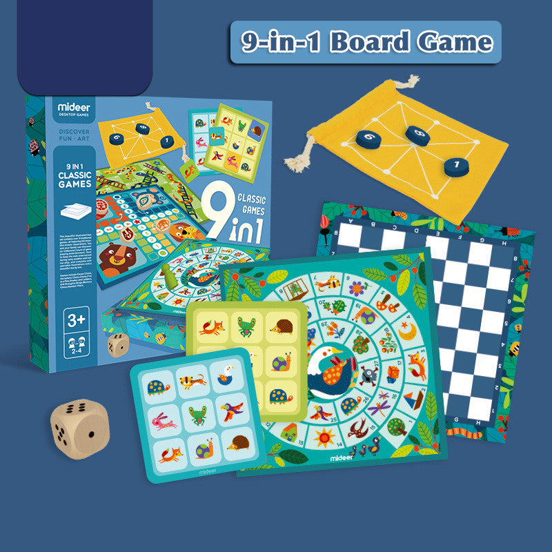 Kids 9-in-1 board game set with colorful game boards and dice, in blue packaging