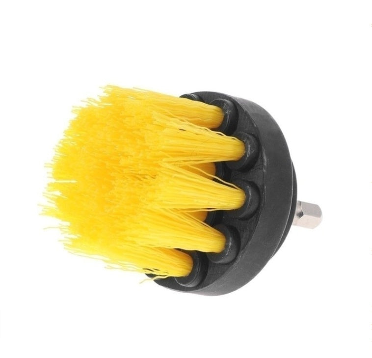 Yellow bristle drill brush head on black holder with metal shaft