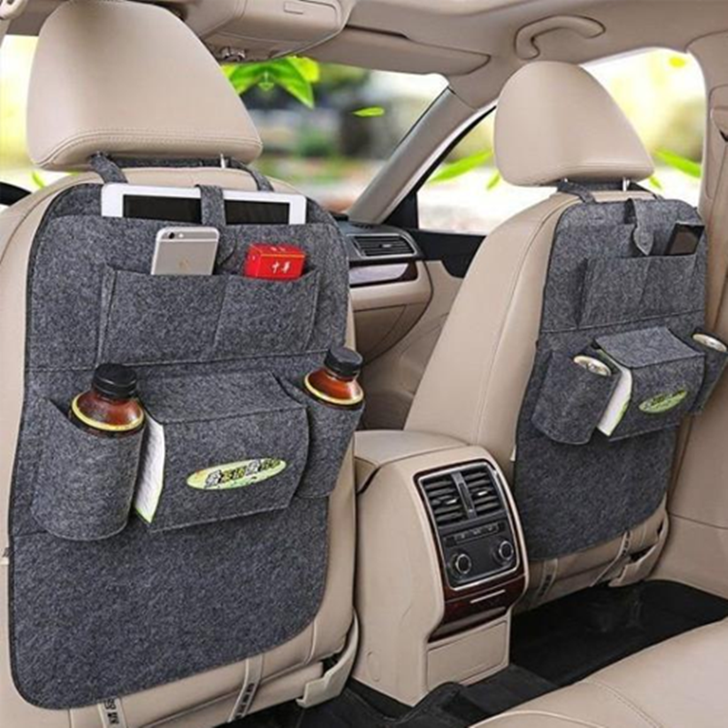 Dark gray seat organizer bag with multiple pockets for bottles and cards