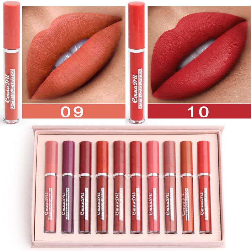 Matte waterproof lipstick swatches: shades 09 and 10 on lips, with set box