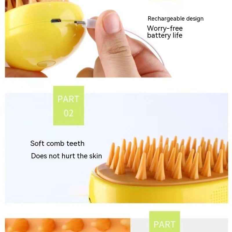 Rechargeable pet spray massage comb, yellow, orange bristles and battery handle.