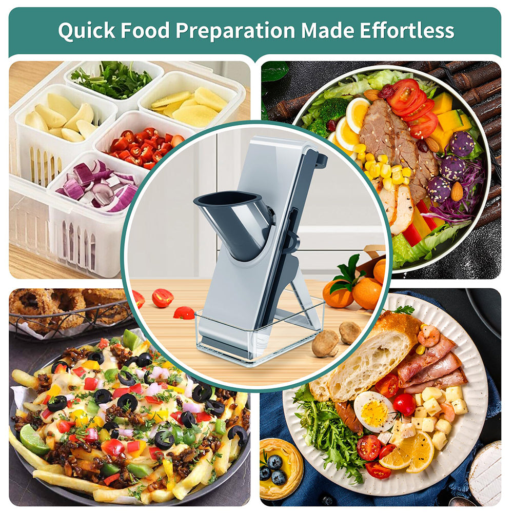 Mandoline food slicer with blue chute and white body for multi-size vegetable cuts