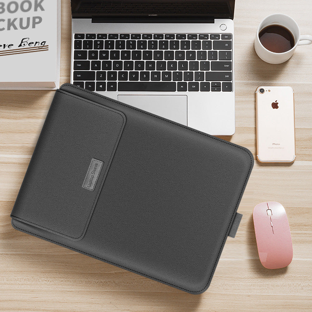 Black laptop sleeve case with front flap pocket and textured surface