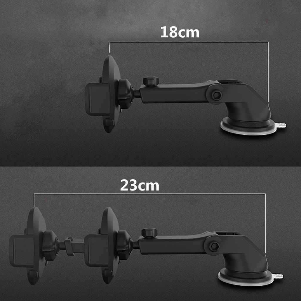 Black telescopic car phone holder with extendable arm, about 18–23 cm