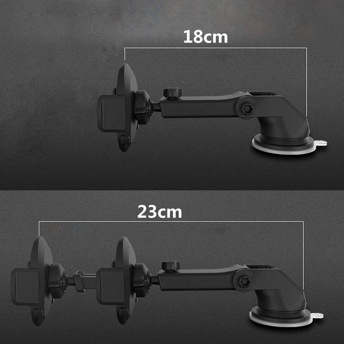 Black telescopic car phone holder with extendable arm, about 18–23 cm