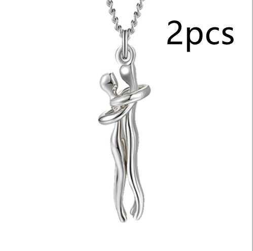 Silver-tone hug pendant necklace with two linked chain styles, unisex.