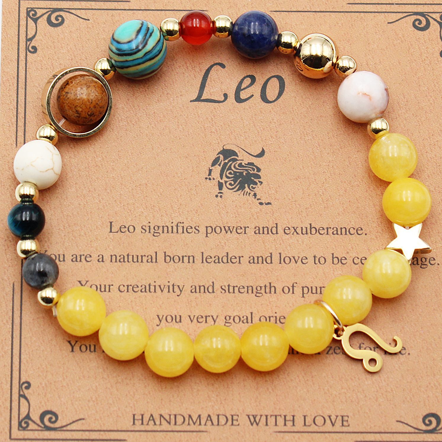 Beaded zodiac bracelet with yellow beads, gold spacers, star charm and lion-shaped charm