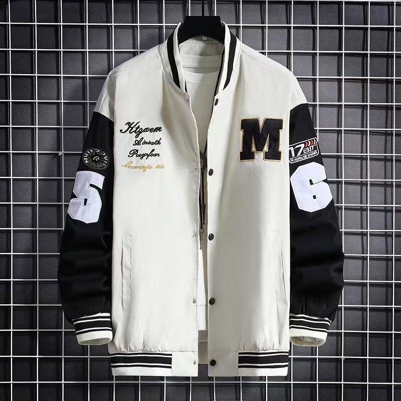 Men's beige baseball jacket with button front, 'M' patch, and embroidered script