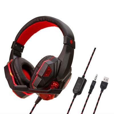 Over-ear gaming headphones, black with red LED earcups and color-matched cables