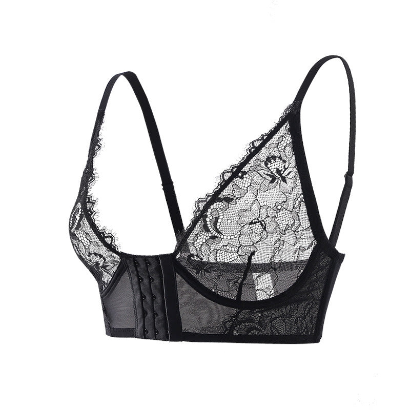Black lace push-up bra with underwire, sheer cup panels, and adjustable straps