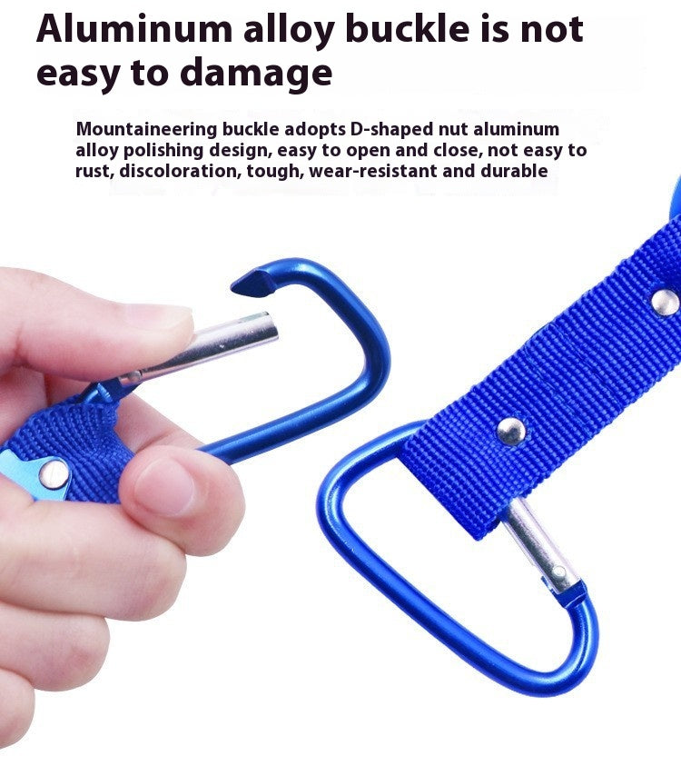 Sports water bottle hanging buckle strap with blue webbing and metal D-ring