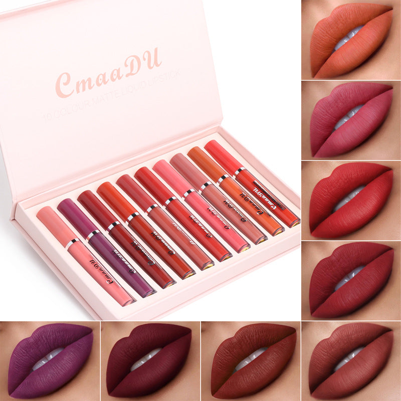 Matte waterproof lipstick set in open case with tube shades and lip swatches