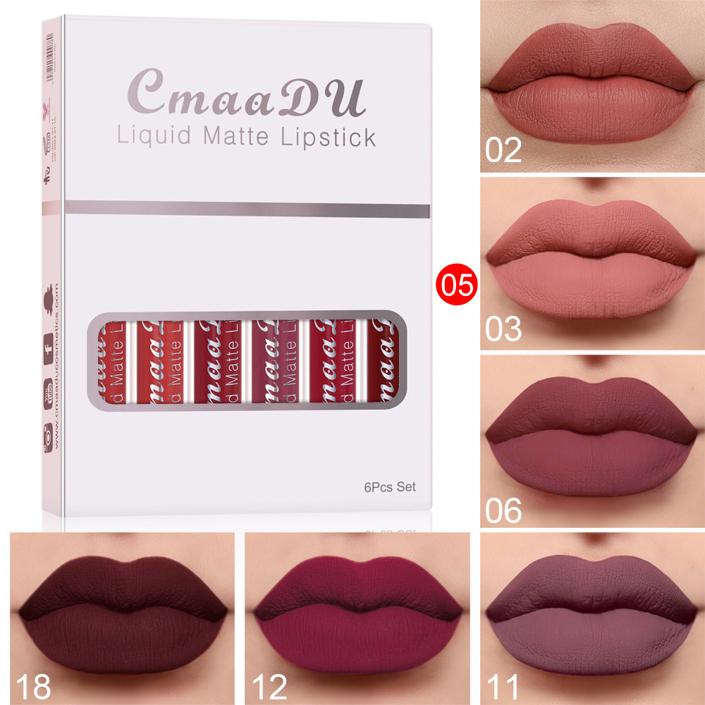 Liquid matte lipstick set box with nude, rose, plum lip shade swatches
