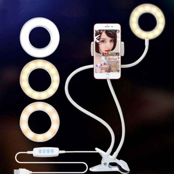 LED selfie ring light with phone clamp and tripod base, three ring light colors shown