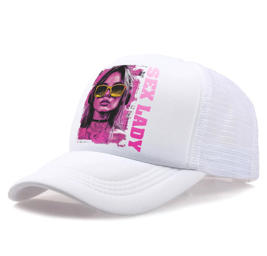 White mesh baseball cap with front photo graphic panel and curved brim
