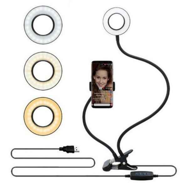 LED selfie ring light with adjustable tripod stand, black cable, and phone clamp