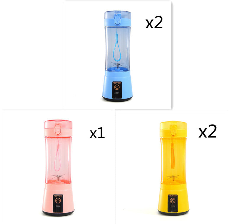 Portable mini blender set with blue, pink, and yellow clear cups and black bases