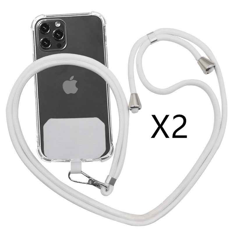 Cell phone strap lanyard with white soft rope and metal clamps, shown with phone case