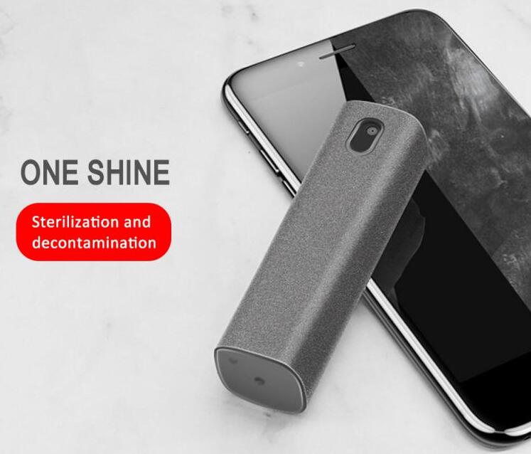 Gray screen cleaner spray bottle with microfiber body for decontaminating phone screens