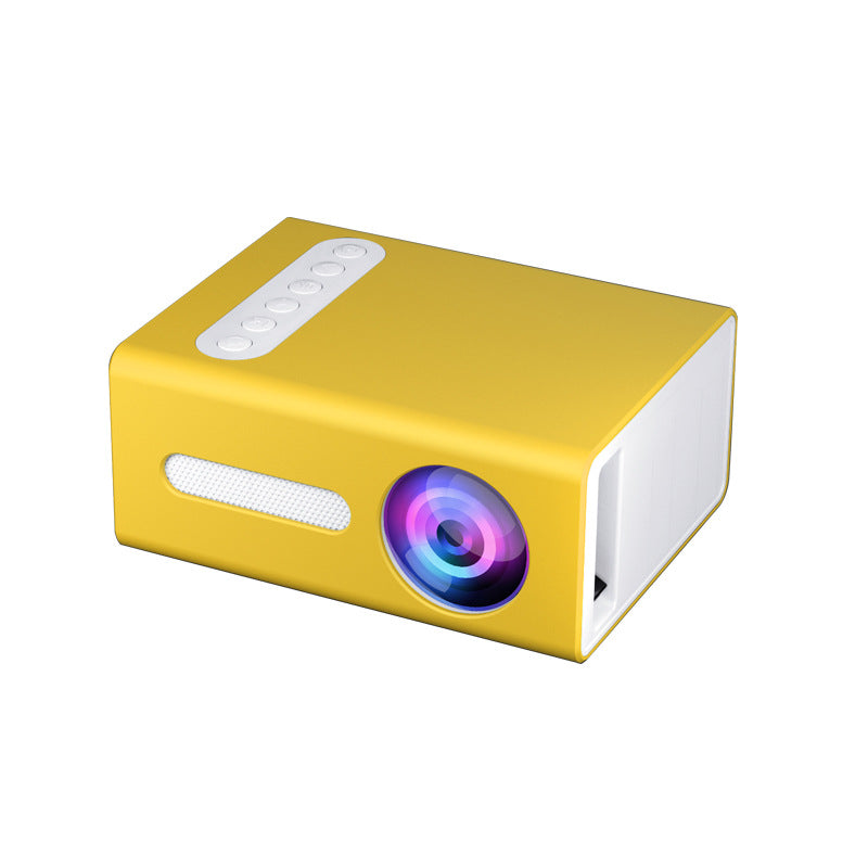 Yellow mini projector side view showing lens and top remote buttons