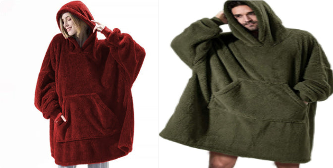 Fleece hoodie sweatshirt in red and dark olive, hooded with large front pocket