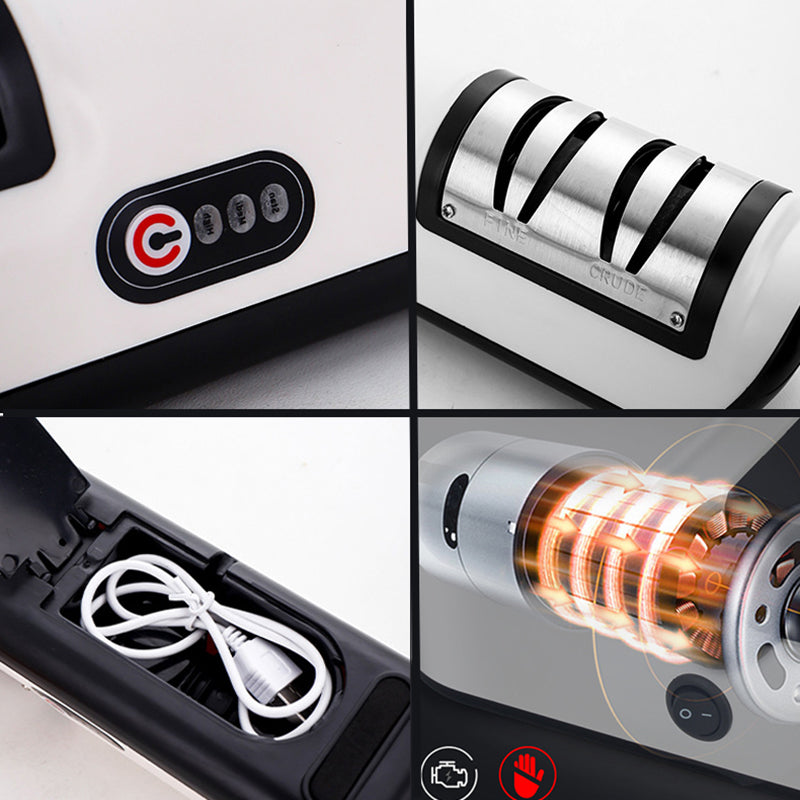 USB rechargeable electric knife sharpener with white body and included USB cable in tray