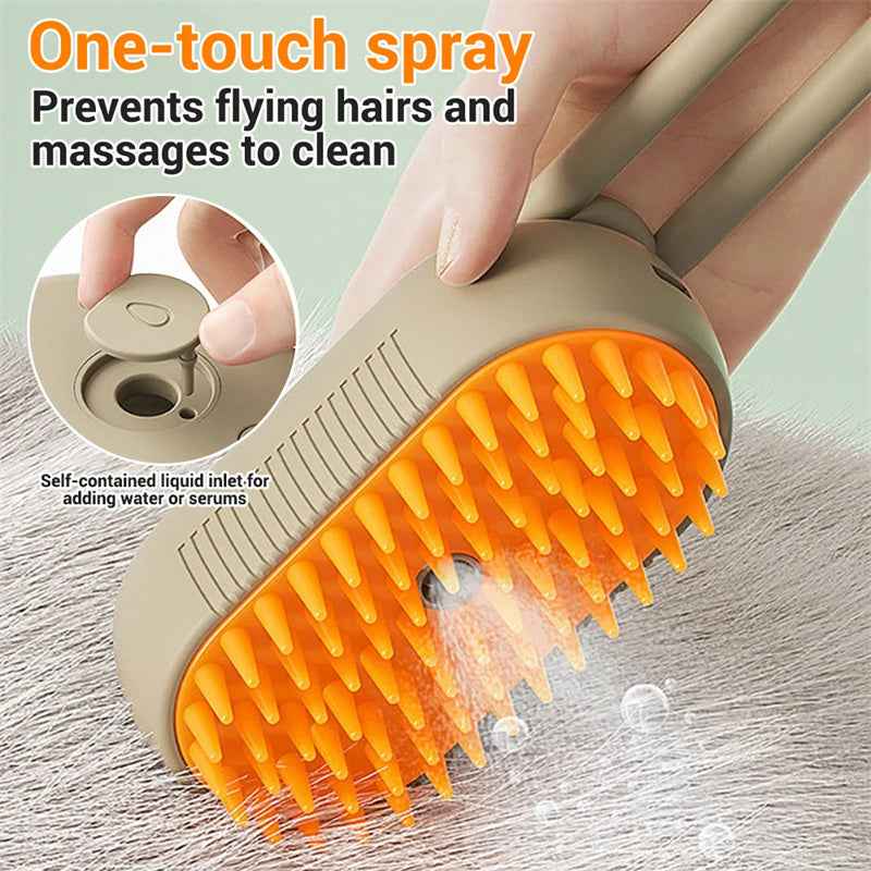 Beige electric spray pet grooming brush with orange bristle head and top spray button