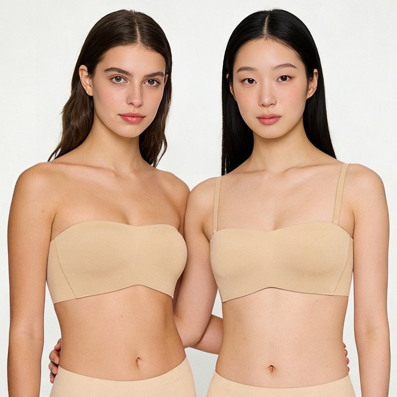 Multi-wear detachable shoulder strap bra, strapless bandeau style in beige/skin tone